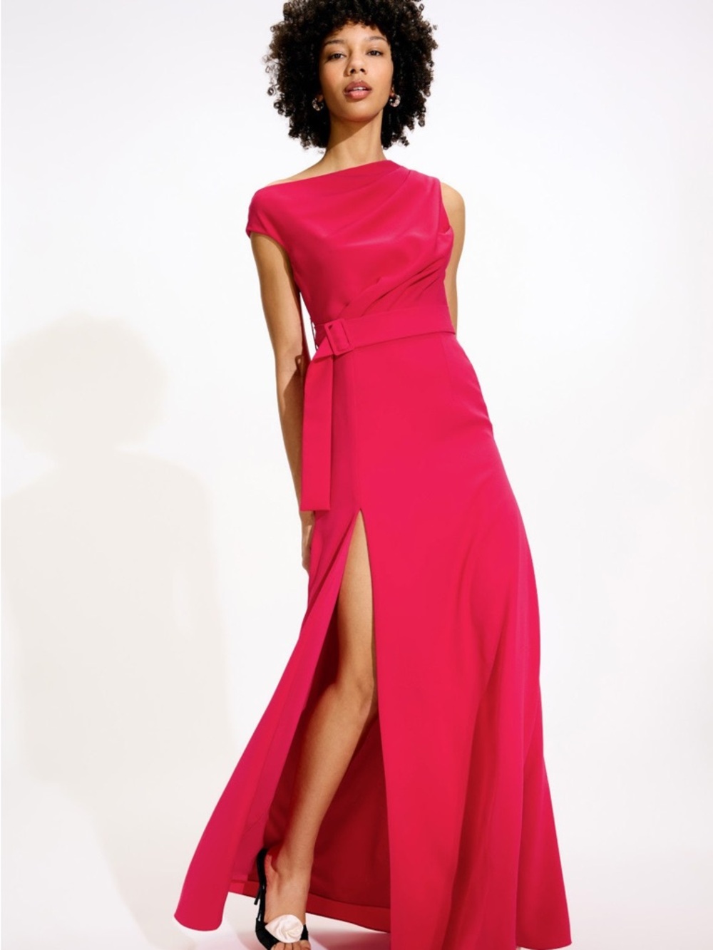 Black Halo One-Shoulder Hot Pink Gown with Side Slit